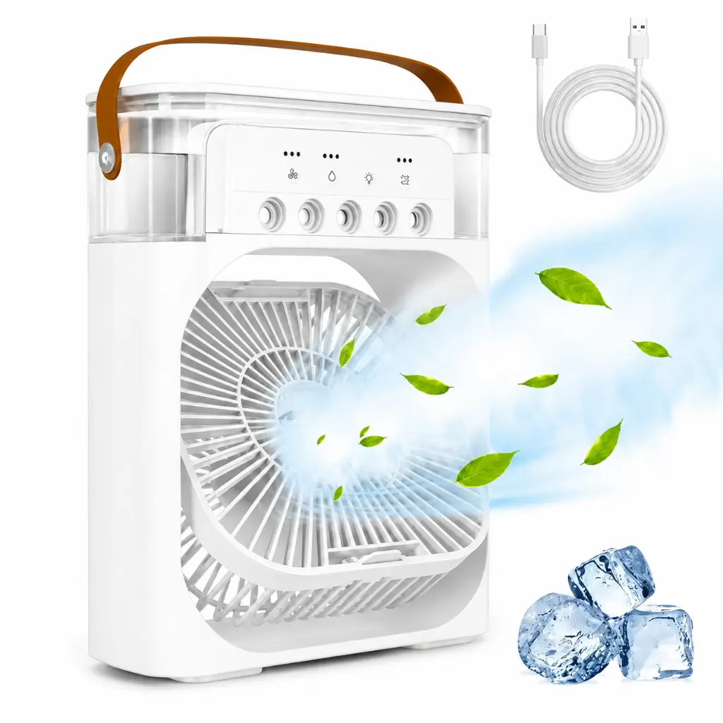 Mini Climatiseur Portable USB Type-C – 3 Vitesses – Veilleuse LED – Réservoir 300 ml - Blanc