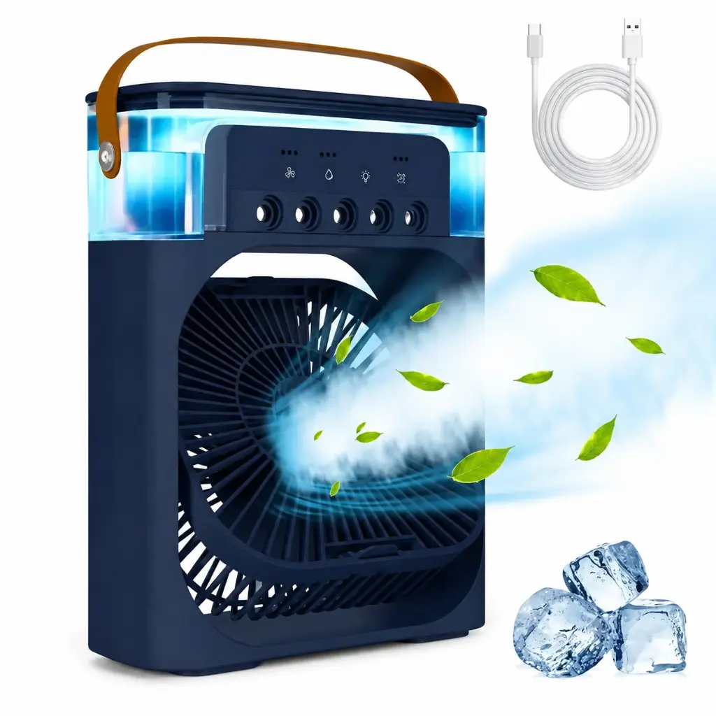 Mini Climatiseur Portable USB Type-C – 3 Vitesses – Veilleuse LED – Réservoir 300 ml - Bleu