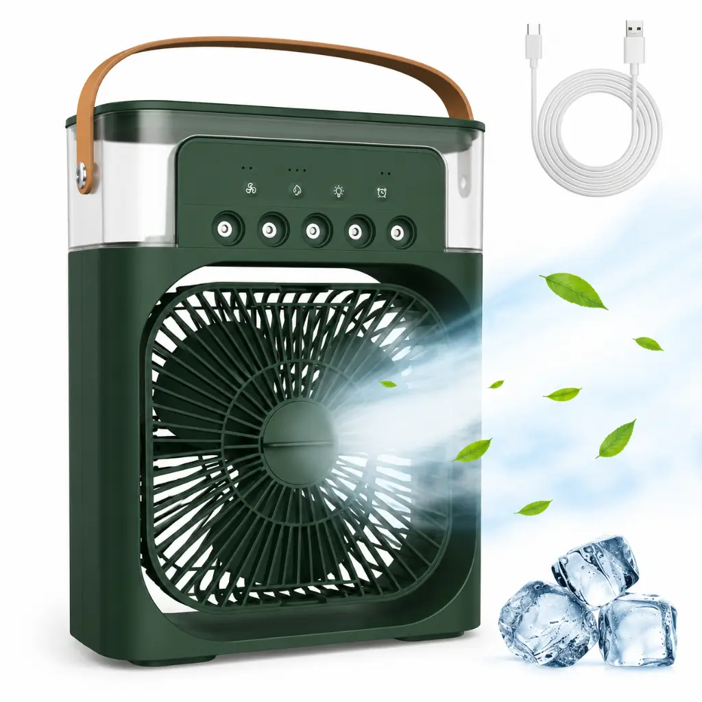 Mini Climatiseur Portable USB Type-C – 3 Vitesses – Veilleuse LED – Réservoir 300 ml - Vert