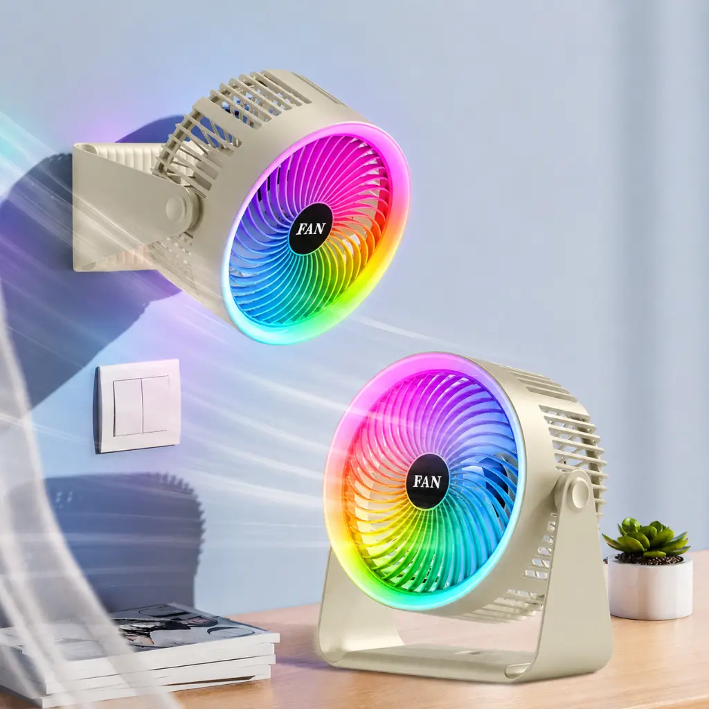 Ventilateur Portable Rechargeable LED RGB – 5 Vitesses – USB Rechargeable- Beige