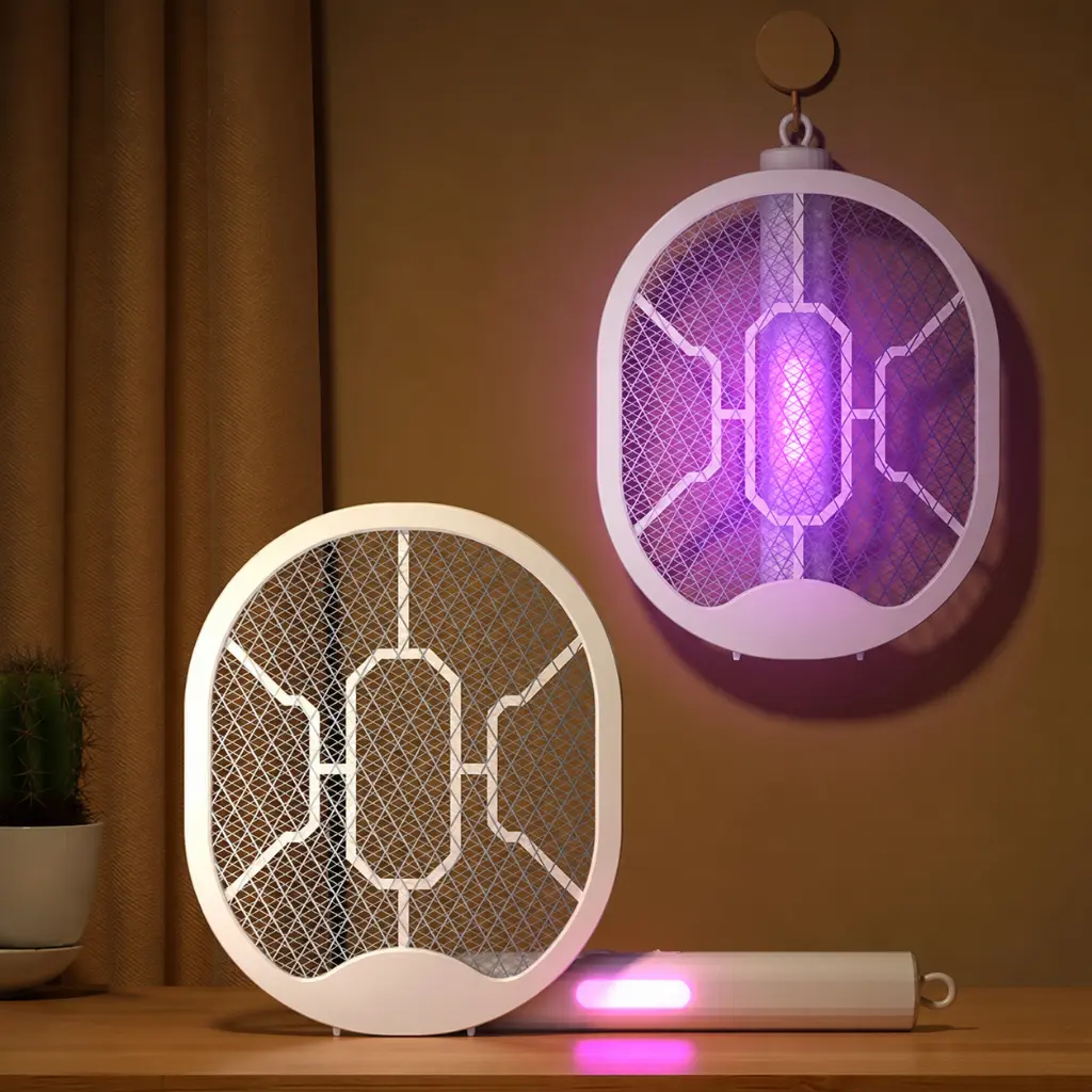 Raquette Électrique Anti-Moustiques Rechargeable 3 en 1 - Blanc– USB Type-C – Pliable avec Lampe UV 