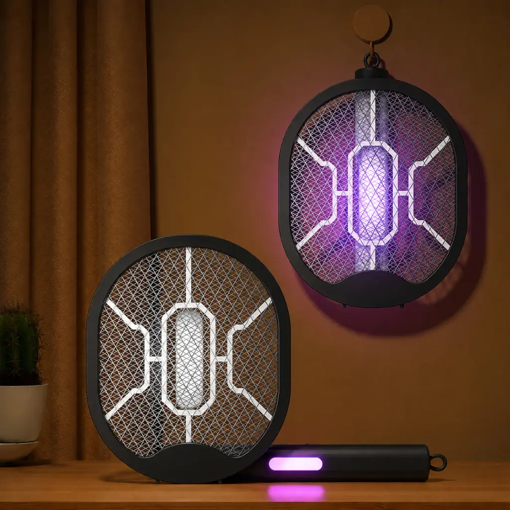 Raquette Électrique Anti-Moustiques Rechargeable 3 en 1 - Noir – USB Type-C – Pliable avec Lampe UV 