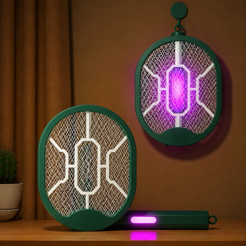 Raquette Électrique Anti-Moustiques Rechargeable 3 en 1 - Vert – USB Type-C – Pliable avec Lampe UV 