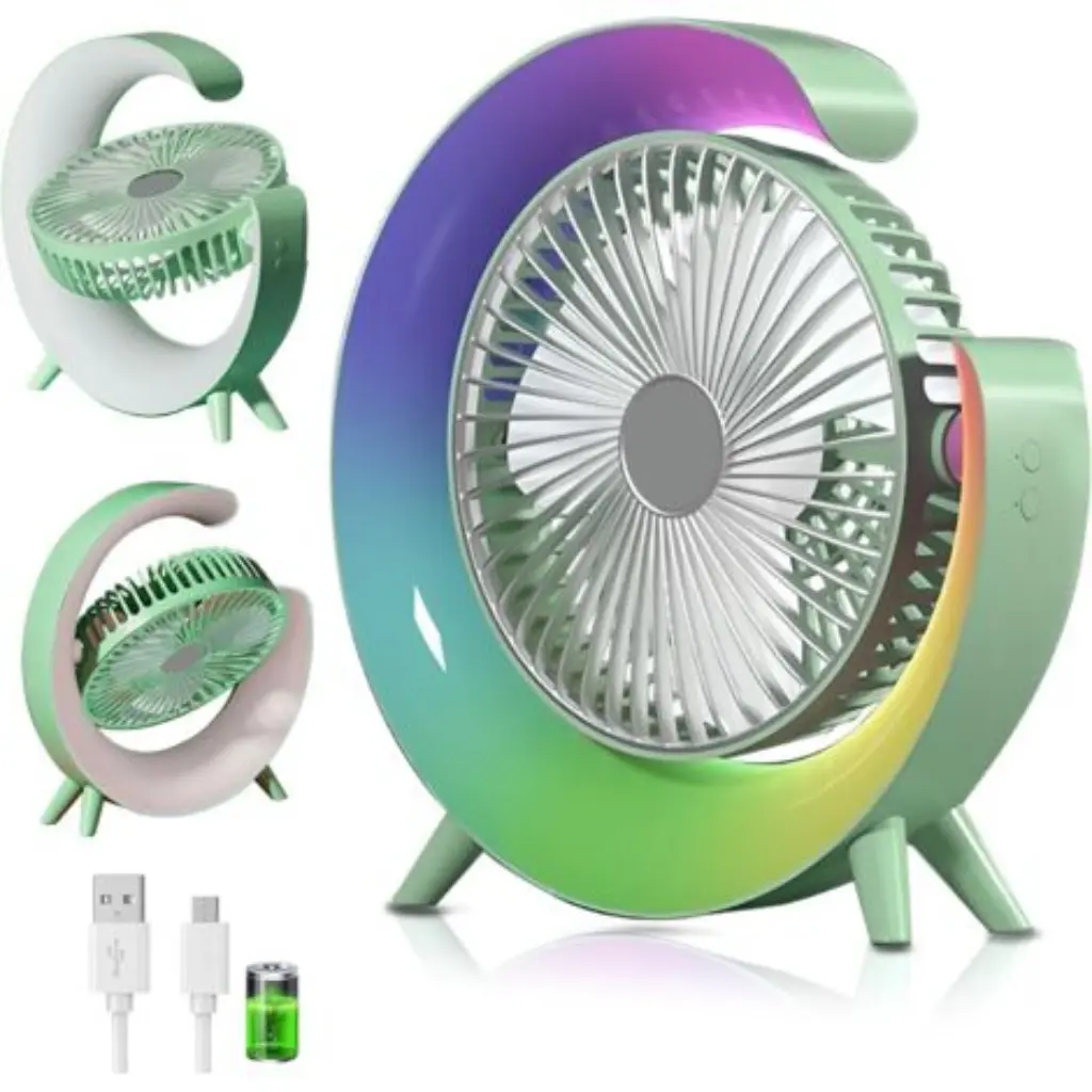 Ventilateur de Bureau Rechargeable LED – 3 Vitesses, Rotation 180° - Vert