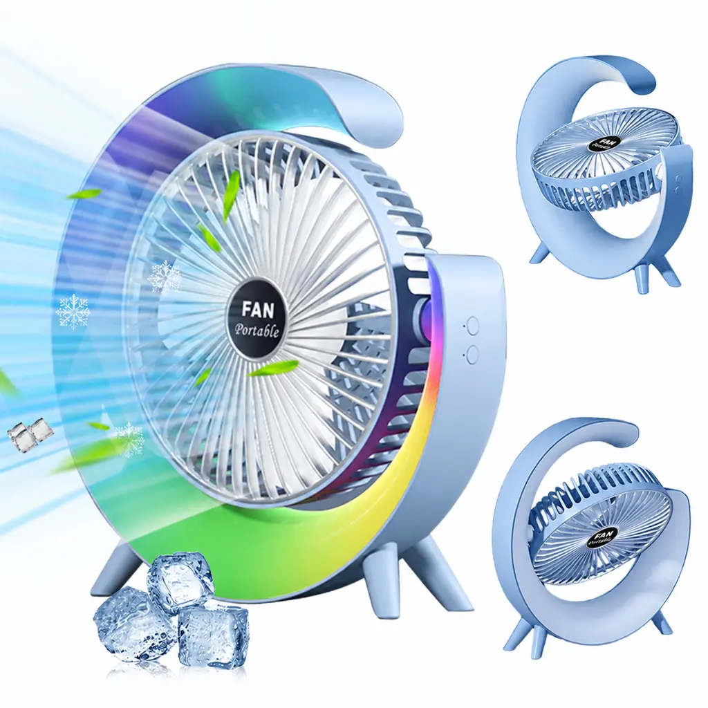 Ventilateur de Bureau Rechargeable LED – 3 Vitesses, Rotation 180° - Bleu