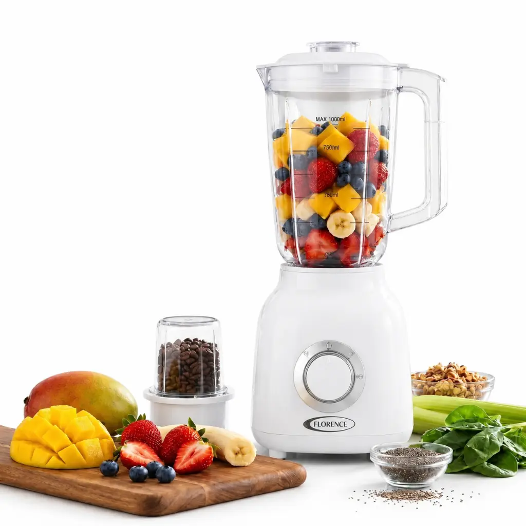 Florence Blender Multifonction 2 en 1 1000W – Bol 1.5L avec Moulin à Épices – Blanc