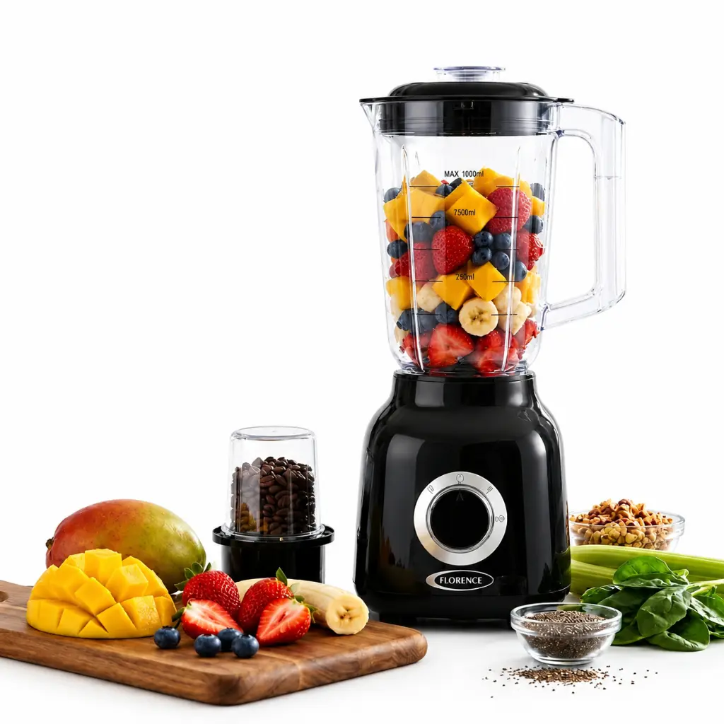 Florence Blender Multifonction 2 en 1 1000W – Bol 1.5L avec Moulin à Épices – Noir