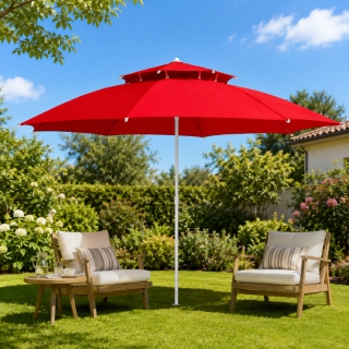Parasol Extérieur Rond 3 m Double Toit – Hauteur Réglable – Aluminium & Polyester - Rouge