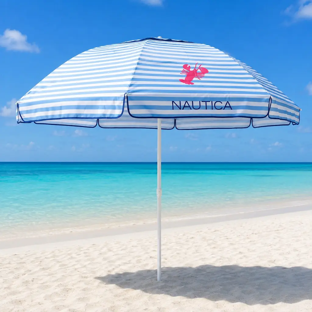 Parasol de Plage Nautica Double Toit Rond 2,2 m - Rayures Bleu et Blanc