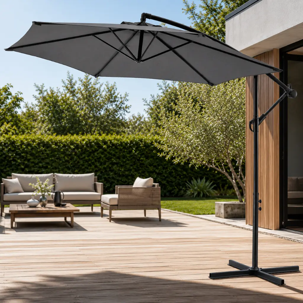 Parasol de Jardin Déporté Double Toit 3,5 m – Inclinable avec Manivelle – Gris