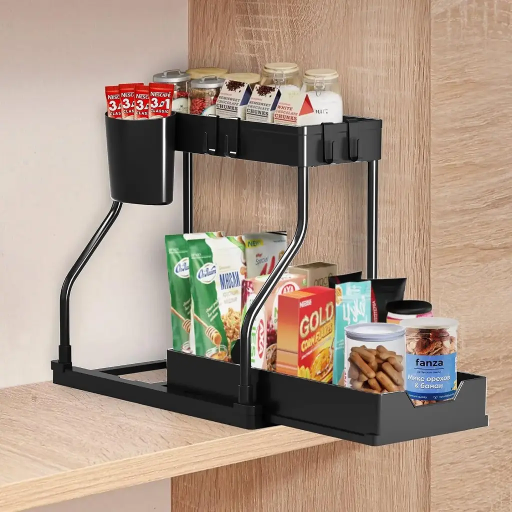 Organisateur de Rangement Multifonction 2 Niveaux – Support Polyvalent avec Crochets et Porte-Ustensiles – Noir