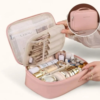 Trousse de Maquillage de Voyage Multifonctions Portable en Similicuir – Rose (24 × 18 × 9 cm)