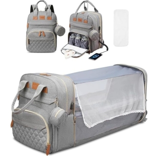 Sac à Dos de Maternité Multifonction avec Lit Pliable – Grande Capacité, USB & Poches Isothermes - Gris