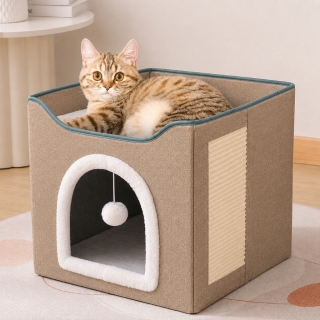 Maison  pour Chat ou Petit Chien Pliable avec Tapis Réversible Été/Hiver et Griffoir Intégré
