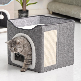 Maison  pour Chat ou Petit Chien Pliable avec Tapis Réversible Été/Hiver et Griffoir Intégré - Gris