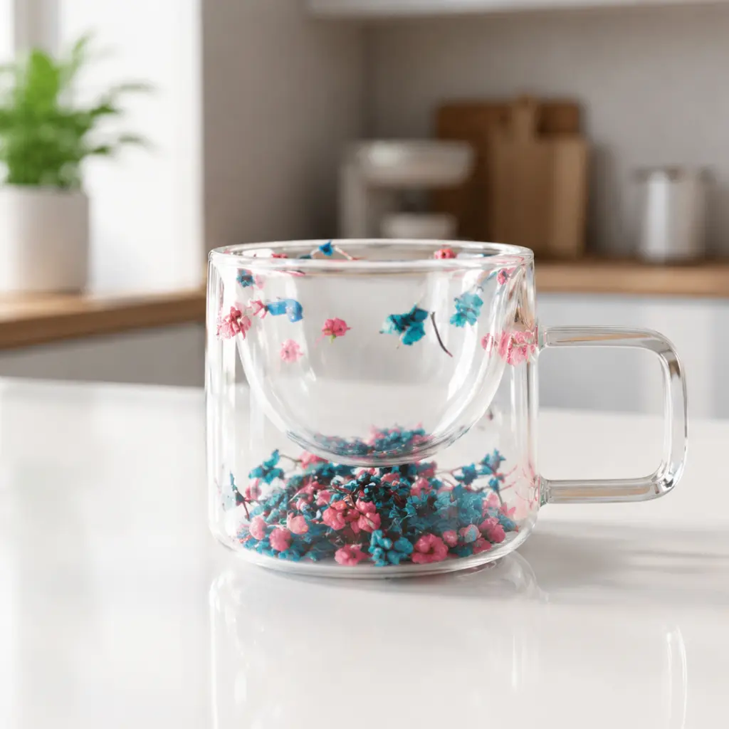 Tasse à Café en Verre Double Paroi 200 ml avec Fleur Sèche Multicolores