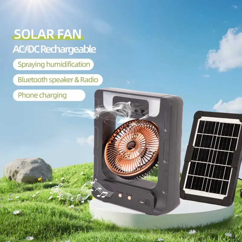 Ventilateur Solaire Rechargeable 6" Bluetooth avec Lampe LED, Radio FM et Power Bank – Noir