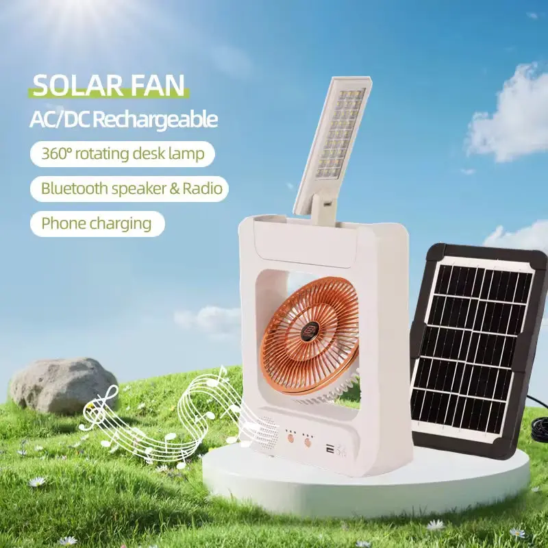 Ventilateur Solaire Rechargeable 6" Bluetooth avec Lampe LED, Radio FM et Power Bank – Blanc
