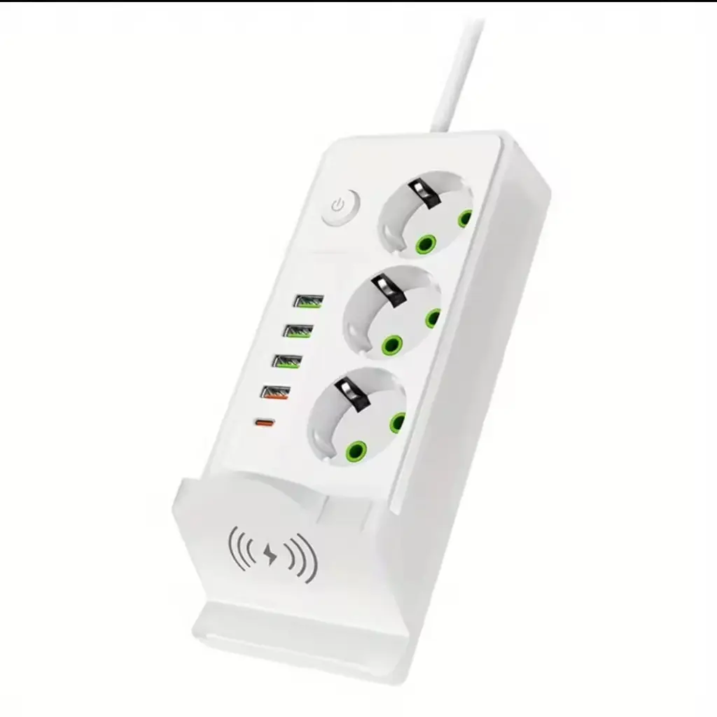 Multiprise Blanc Avec Chargeur Sans Fil – Support De Téléphone Intégré, USB & Prises Européennes