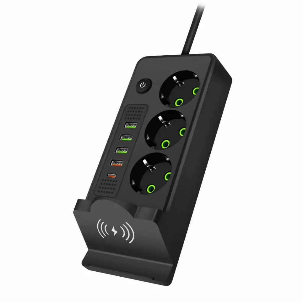 Multiprise Noir Avec Chargeur Sans Fil – Support De Téléphone Intégré, USB & Prises Européennes