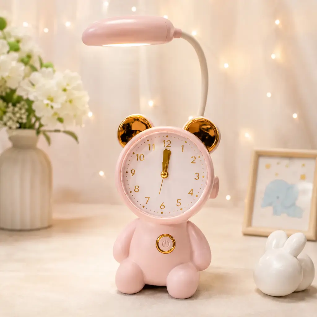 Horloge et Lampe de Bureau LED Rechargeable 2-en-1 avec Design Ourson – Horloge Analogique – Rose