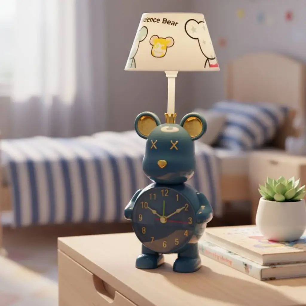 Horloge et Lampe de Bureau LED Rechargeable 2-en-1 Ourson Bleu