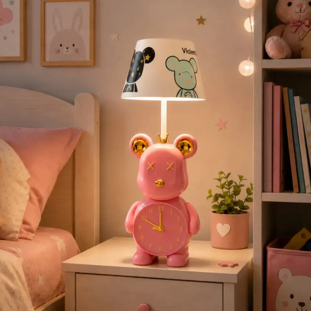 Horloge et Lampe de Bureau LED Rechargeable 2-en-1 Ourson Rose