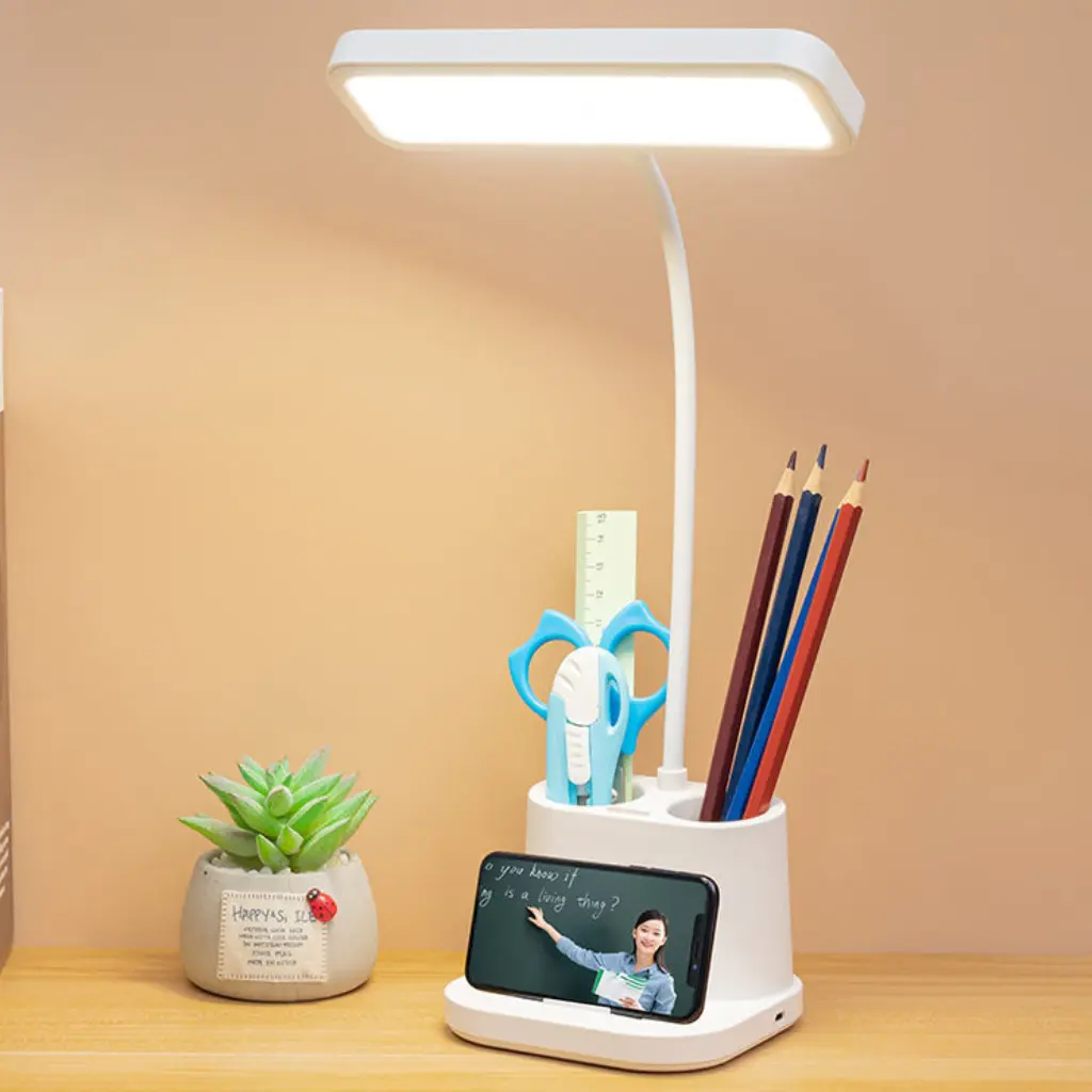 Lampe de Bureau LED Rechargeable avec Porte-Stylos et Support Téléphone – Blanc