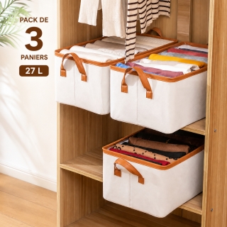 Pack de 3 Paniers de Rangement Pliables 27 L en Tissu Imperméable – Organisateurs avec Poignées – 47 × 28 × 20 cm – Beige