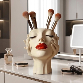 Pot à Pinceaux de Maquillage en Plastique Design Visage Maquillé– Organisateur de Bureau Multifonction