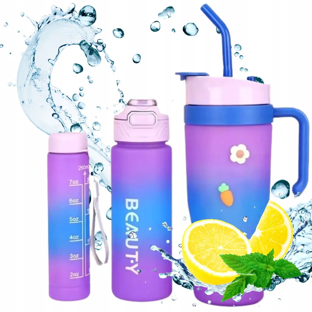 Set de 3 Gourdes Sans BPA – 1200 ml + 700 ml + 260 ml – avec Paille et Poignée