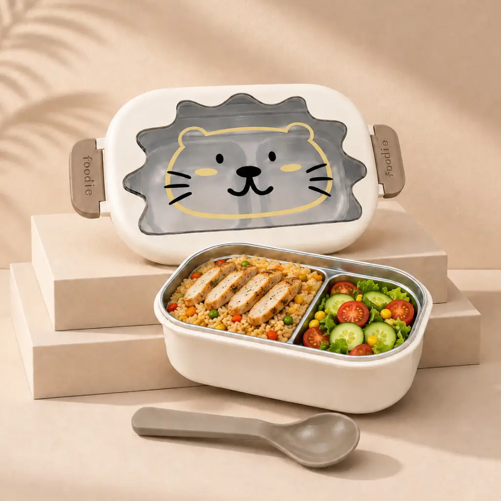 Lunch Box Double Couche en Acier Inoxydable avec Cuillère – 700 ml -  Design Lion - Blanc