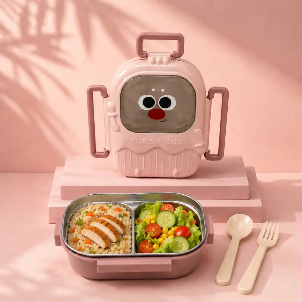 Lunch Box Enfant 700 ml en Acier Inoxydable – 2 Compartiments avec Cuillère & Fourchette – Rose