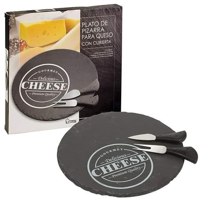 Plateau Rond a fromage en Ardoise avec couverts 25 cm