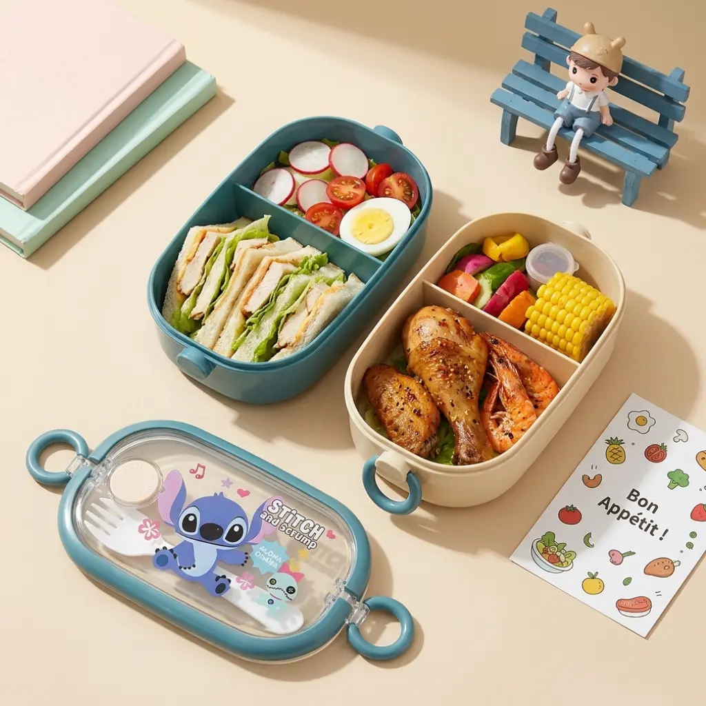 Lunch Box Enfant Stitch 2 Étages – 4 Compartiments – 700 ml par Étage avec Fourchette-Cuillère - Bleu