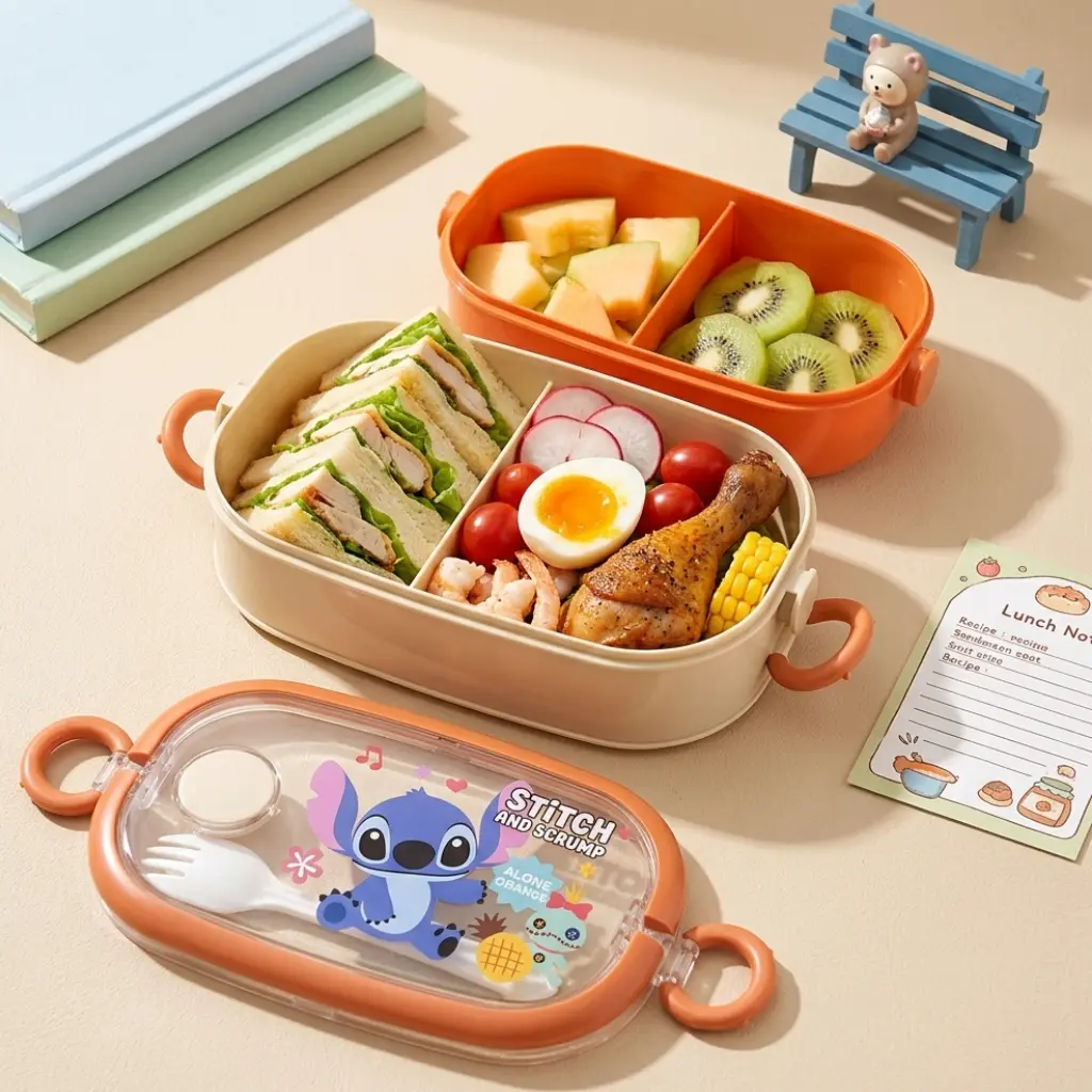 Lunch Box Enfant Stitch 2 Étages – 4 Compartiments – 700 ml par Étage avec Fourchette-Cuillère - Orange