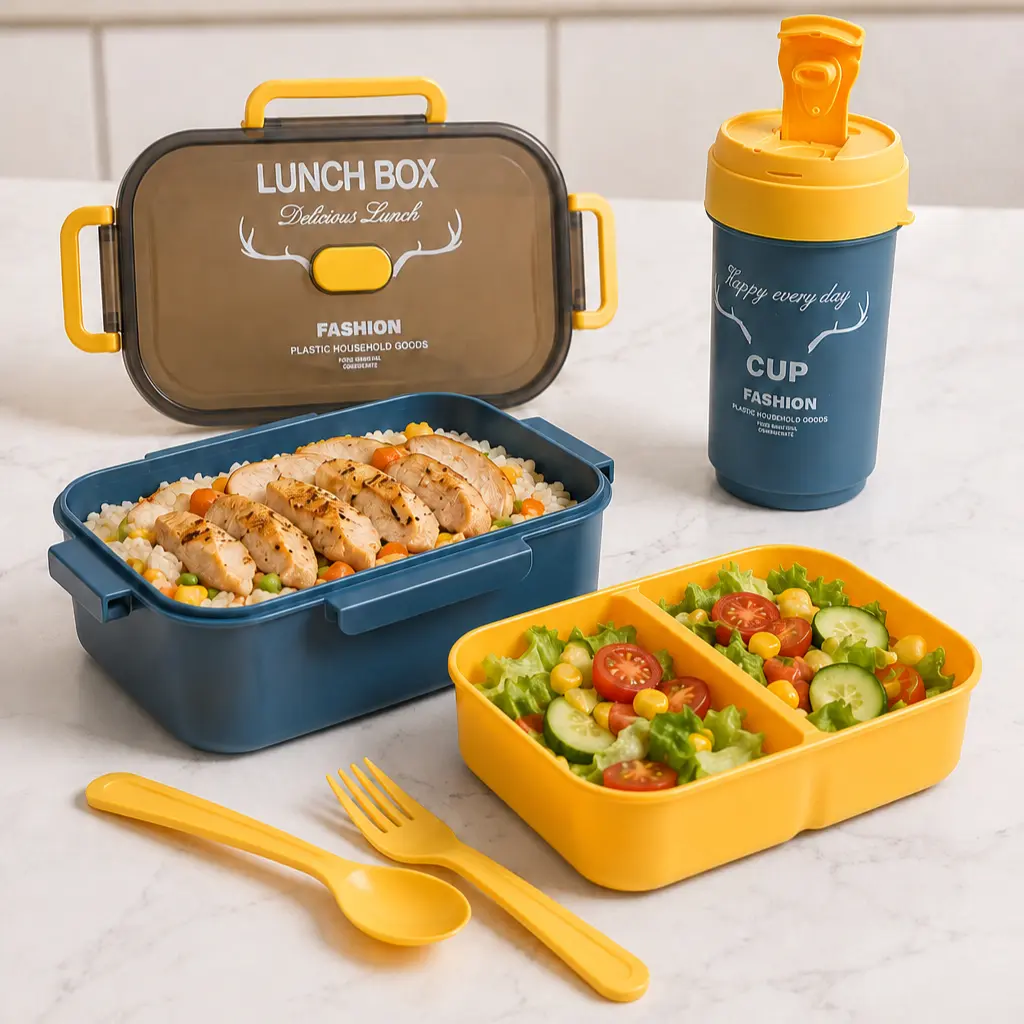 Pack Lunch Box Enfant 1000 ml avec 3 Compartiments, Couverts et Bouteille 500 ml - Rectangulaire - Bleu
