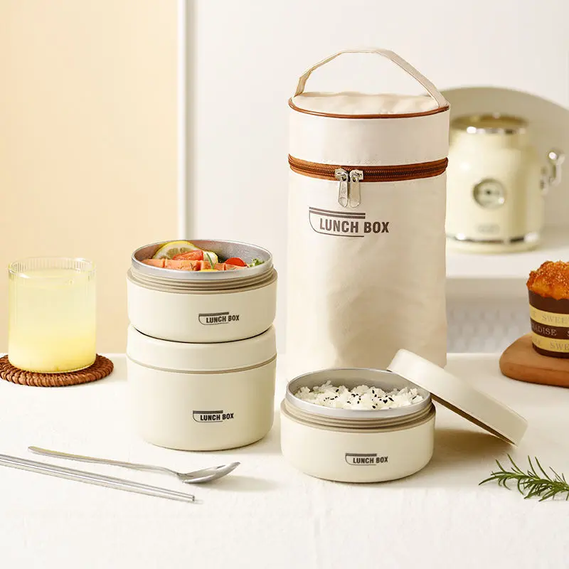 Ensemble de 3 Boîtes à Lunch Isolées en Acier Inoxydable Avec Panier Isotherme – Beige