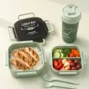 Pack Lunch Box Enfant 1000 ml avec 3 Compartiments, Couverts et Bouteille 500 ml - Carré - Vert