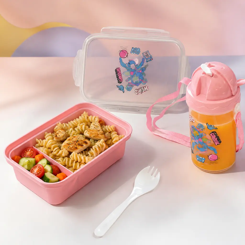 Lunch Box Stitch Enfant avec Bouteille 380 ml et Cuillère-Fourchette – 2 Compartiments - Rose