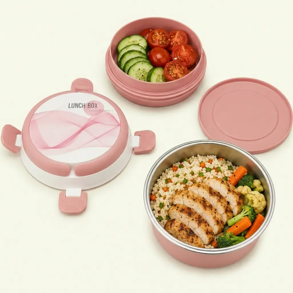 Boîte à Lunch Thermique 2 Compartiments en Acier Inoxydable – Format Rond avec Couvercle - Rose