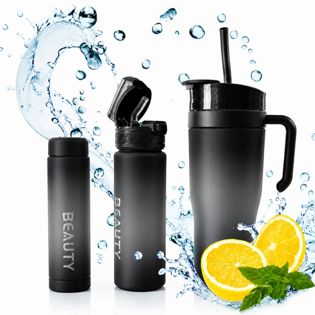 Set de 3 Gourdes Sans BPA – 1200 ml + 700 ml + 260 ml – avec Paille et Poignée - Noir