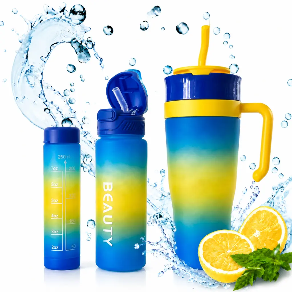 Set de 3 Gourdes Sans BPA – 1200 ml + 700 ml + 260 ml – avec Paille et Poignée - Bleu