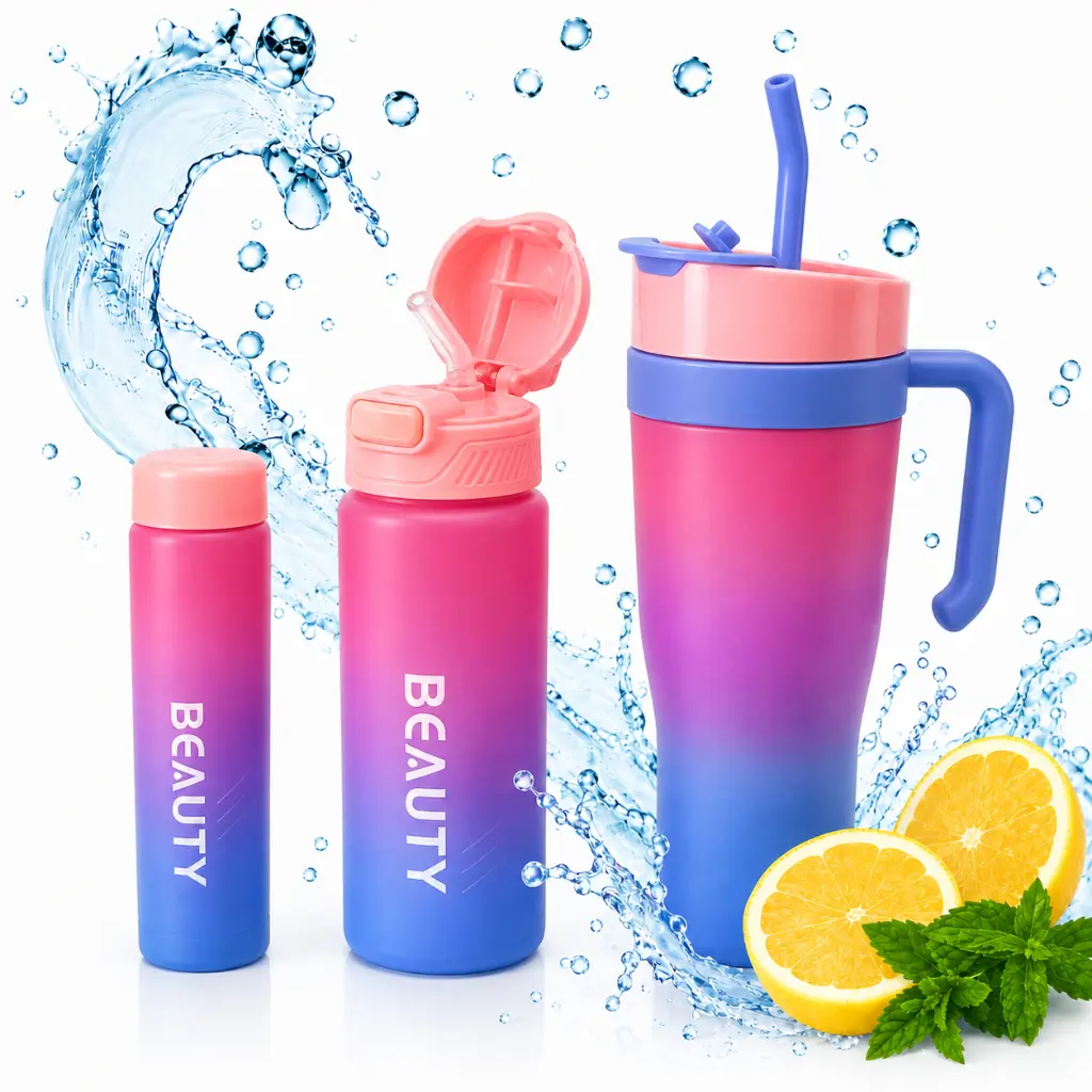 Set de 3 Gourdes Sans BPA – 1200 ml + 700 ml + 260 ml – avec Paille et Poignée - Rose