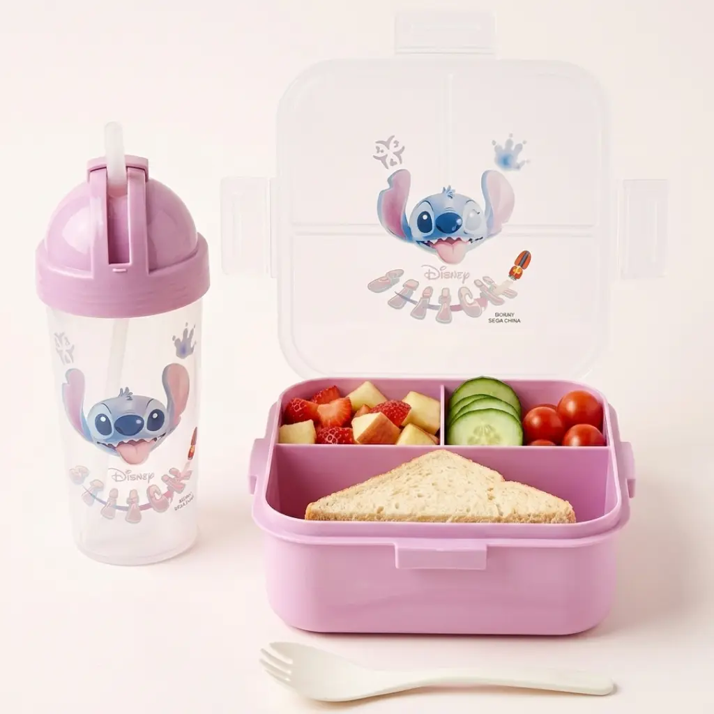 Lunch Box Stitch Carrée Enfant 3 Compartiments avec Bouteille 300 ml et Fourchette-Cuillère - Violet