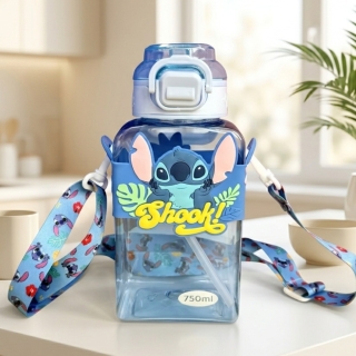 Gourde Stitch 750 ml en PVC avec Bandoulière – Bouteille d’Eau Enfant avec Sangle de Transport - Bleu