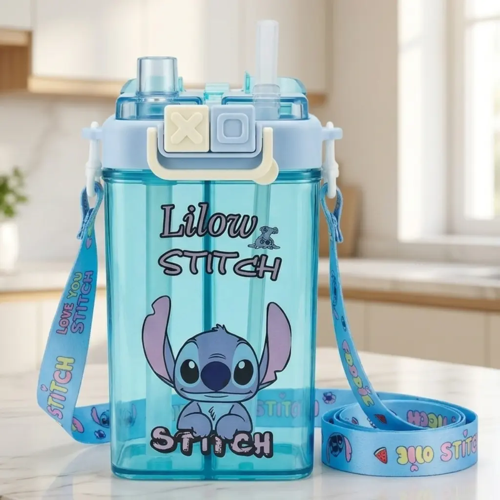 Gourde Enfant Stitch 600 ml à 2 Compartiments avec Paille et Bec Verseur –Bleu