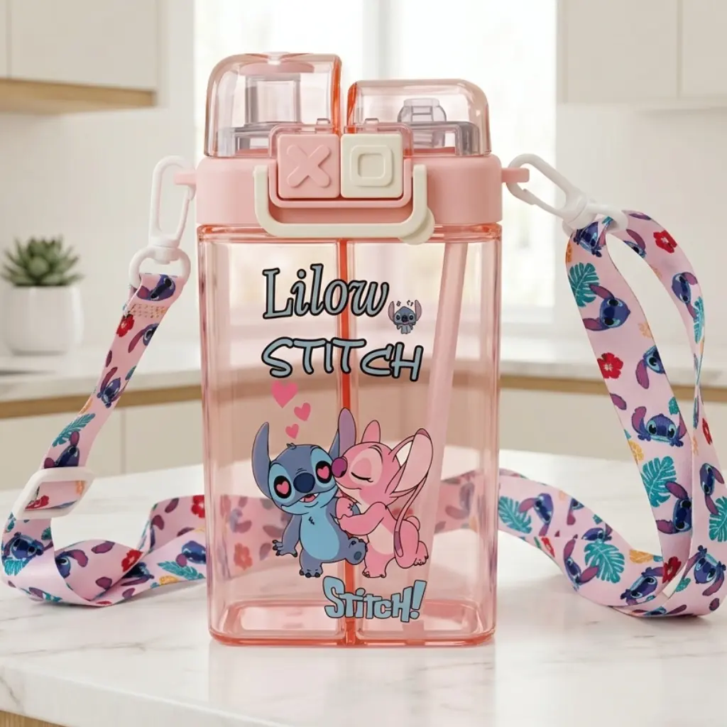 Gourde Enfant Stitch 600 ml à 2 Compartiments avec Paille et Bec Verseur –Rose