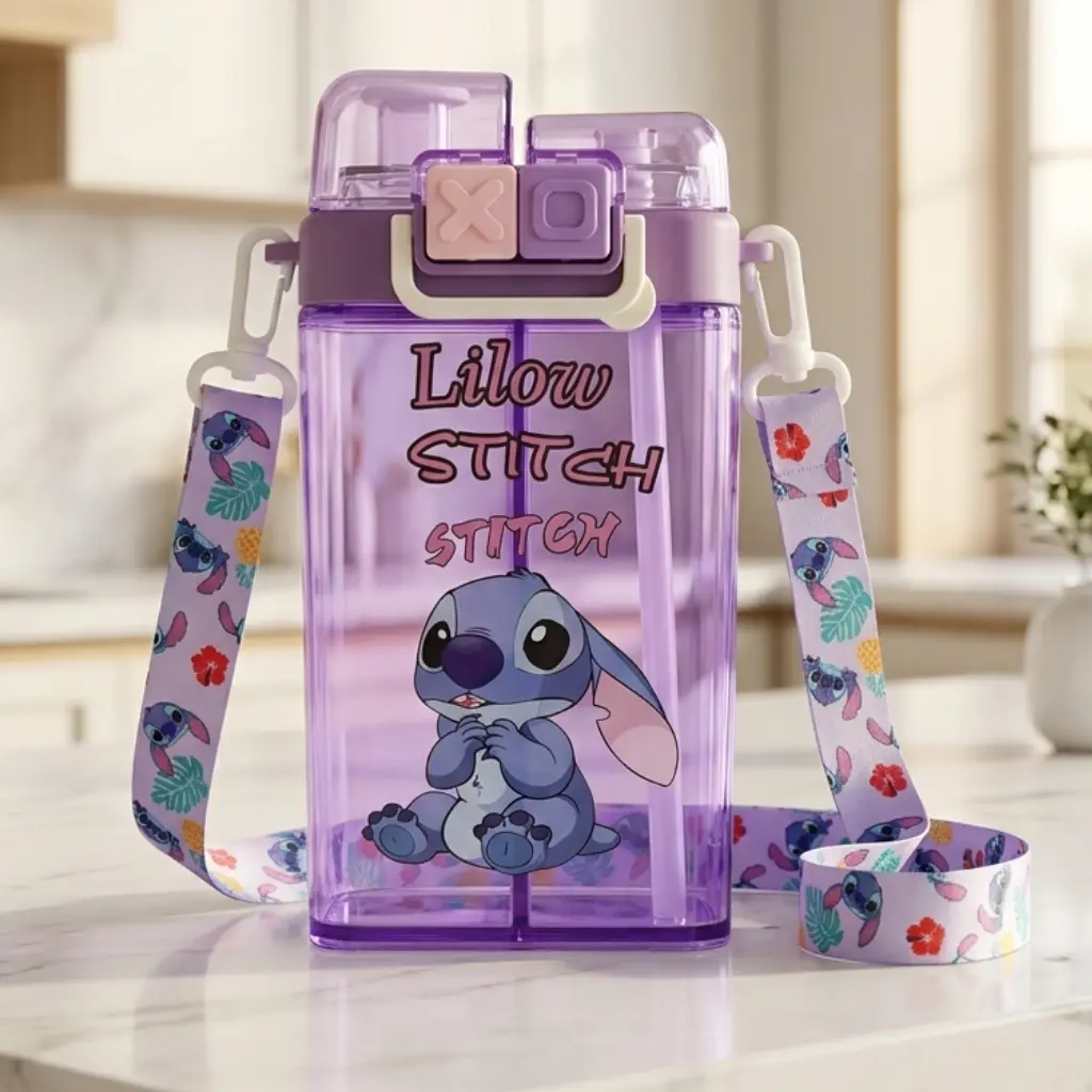 Gourde Enfant Stitch 600 ml à 2 Compartiments avec Paille et Bec Verseur –Violet