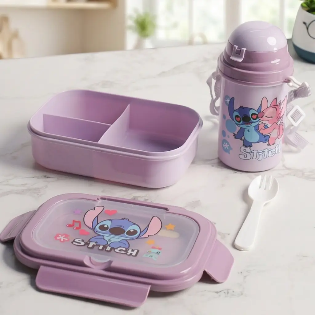 Boîte Lunch Enfant Stitch 3 Compartiments avec Gourde 450 ml - Violet